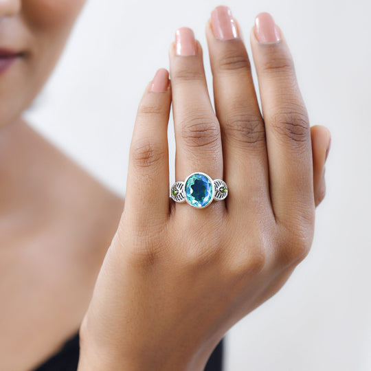 Pfau Triplette Quarz, Natürlicher Chromdiopsid Ring, 925 Silber platiniert ca. 5.20 ct