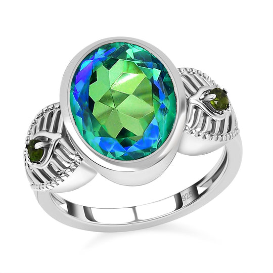 Pfau Triplette Quarz, Natürlicher Chromdiopsid Ring, 925 Silber platiniert ca. 5.20 ct