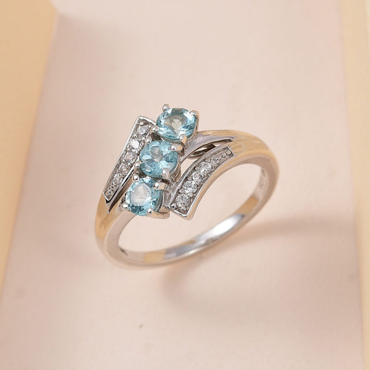 Paraiba-Apatit, weißer Zirkon Ring, 925 Silber platiniert ca. 1.08 ct