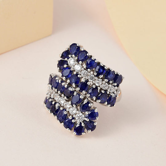 Masoala Saphir (Fissure gefüllt), weißer Zirkon Ring, 925 Silber platiniert, ca. 6.75 ct