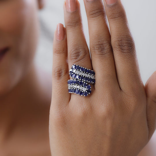 Masoala Saphir (Fissure gefüllt), weißer Zirkon Ring, 925 Silber platiniert, ca. 6.75 ct