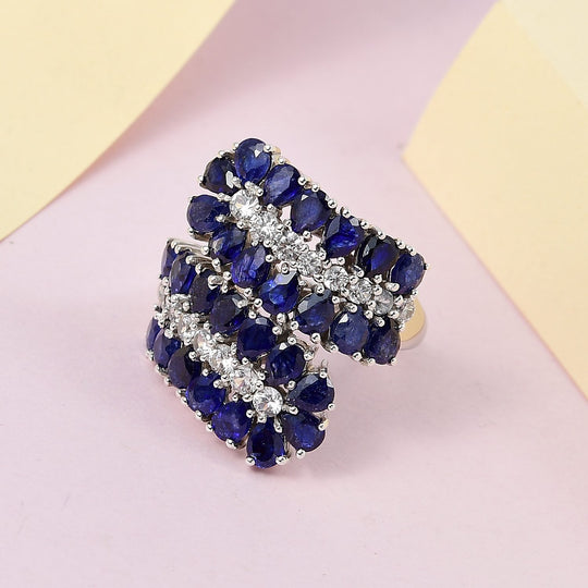 Masoala Saphir (Fissure gefüllt), weißer Zirkon Ring, 925 Silber platiniert, ca. 7.93 ct