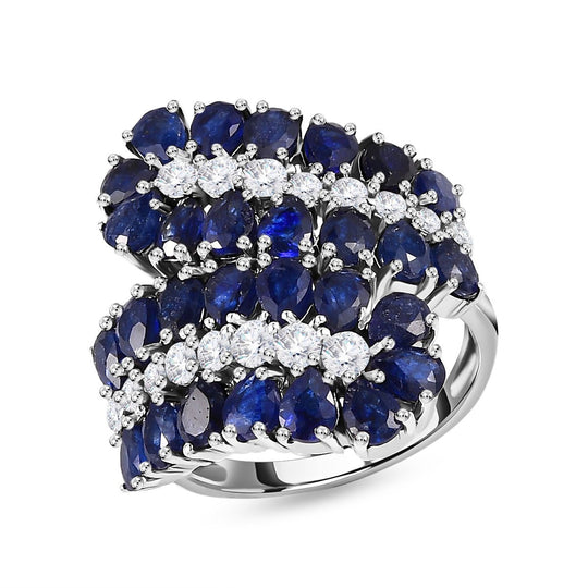 Masoala Saphir (Fissure gefüllt), weißer Zirkon Ring, 925 Silber platiniert, ca. 7.93 ct