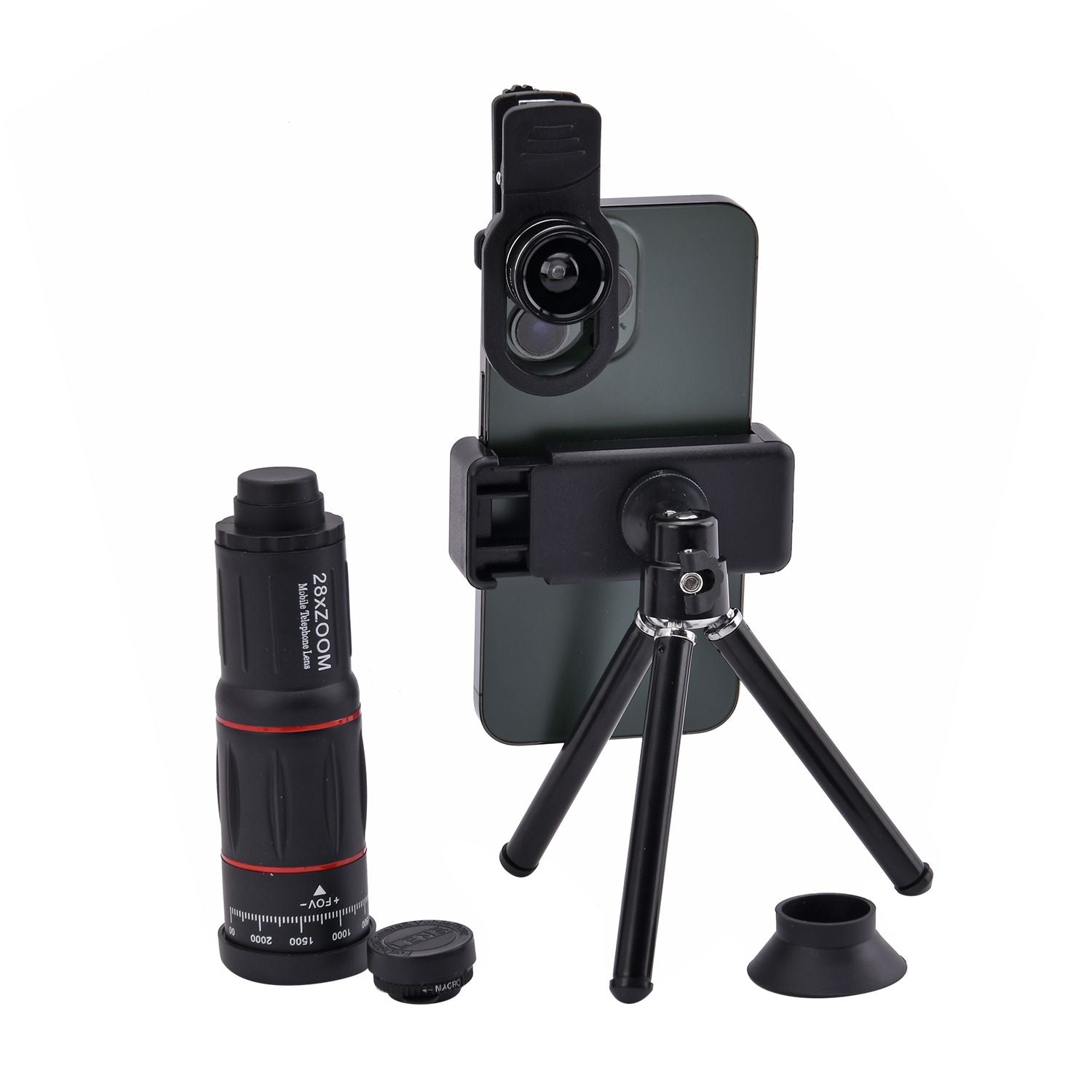 9er Set Handy-Kameraobjektiv-Kit : Teleskop 28X+ Weitwinkel 0,6X+ Makro 20X+ Fischaugenobjektiv 198 Grad