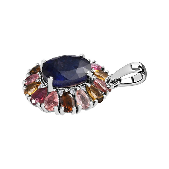 Masoala Saphir (Fissure gefüllt), Mehrfach-Turmalin Anhänger 925 Silber platiniert ca. 7.96 ct