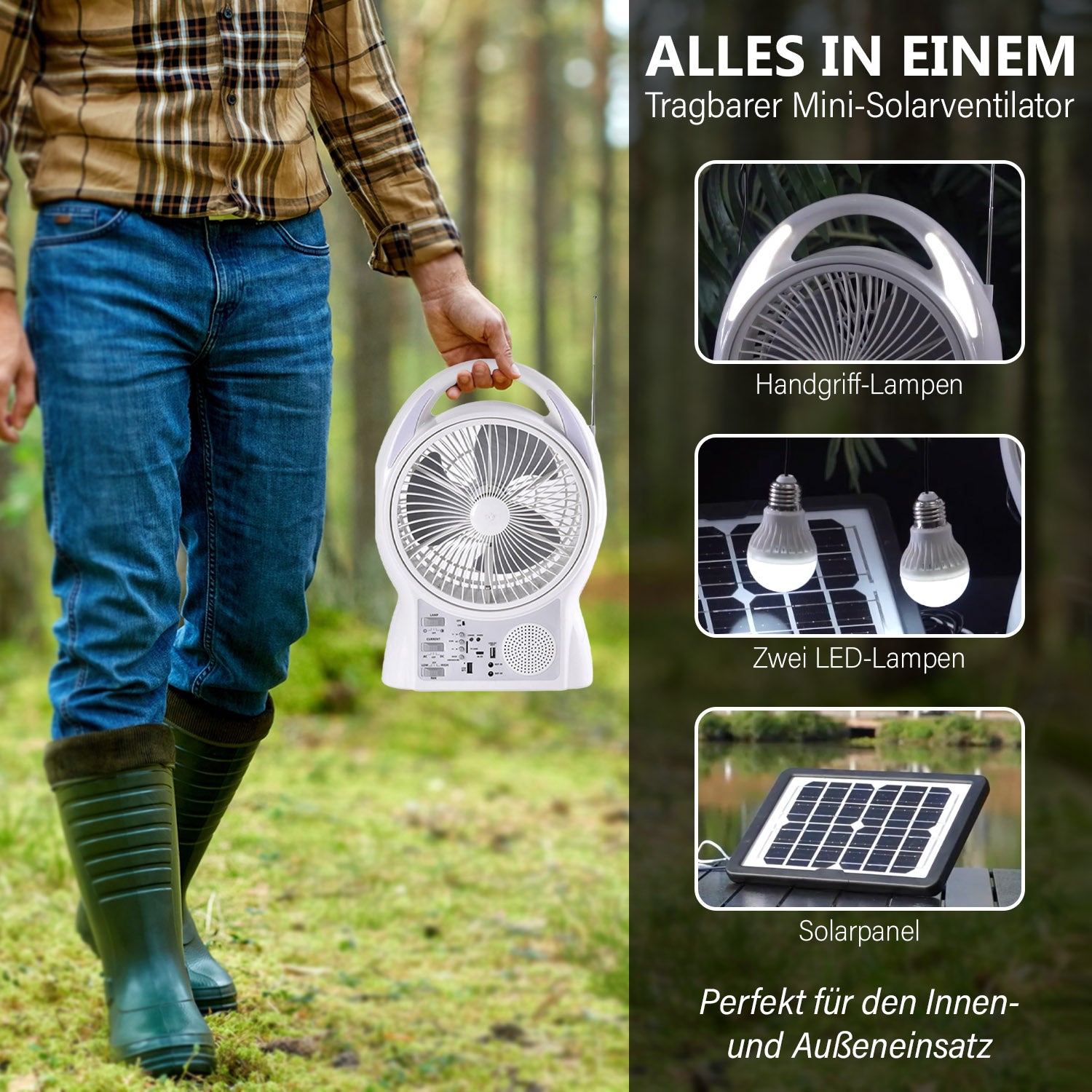 Tragbarer Mini-Solarventilator, Eingebauter 5500MAH Lithium-Akku, weiß