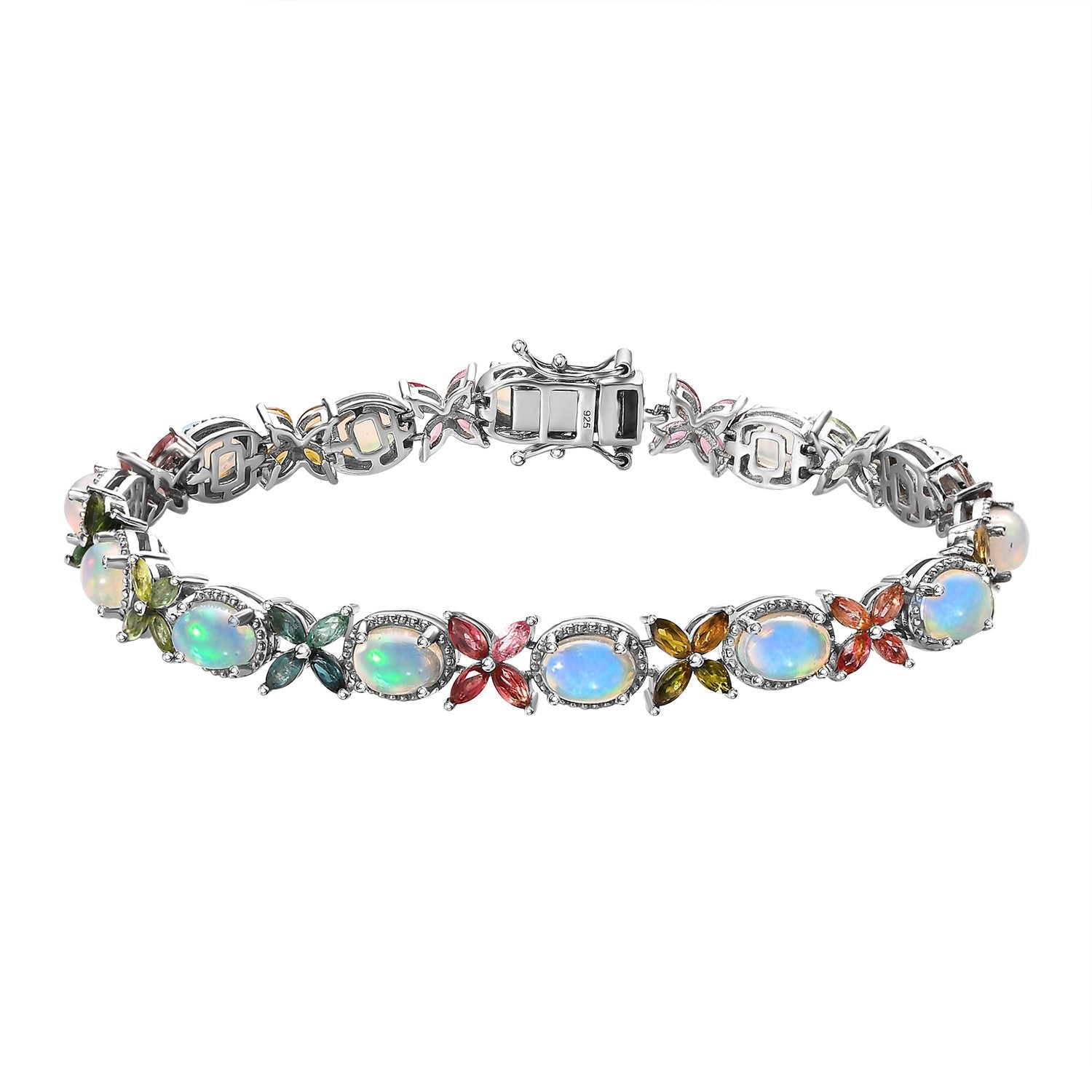 Natürliches, äthiopisches Welo Opal, mehrfarbiges Turmalin Armband, ca. 19 cm, 925 Silber platiniert ca. 11.70 ct