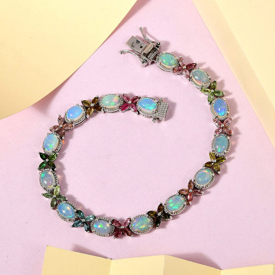 Natürliches, äthiopisches Welo Opal, mehrfarbiges Turmalin Armband, ca. 19 cm, 925 Silber platiniert ca. 11.70 ct