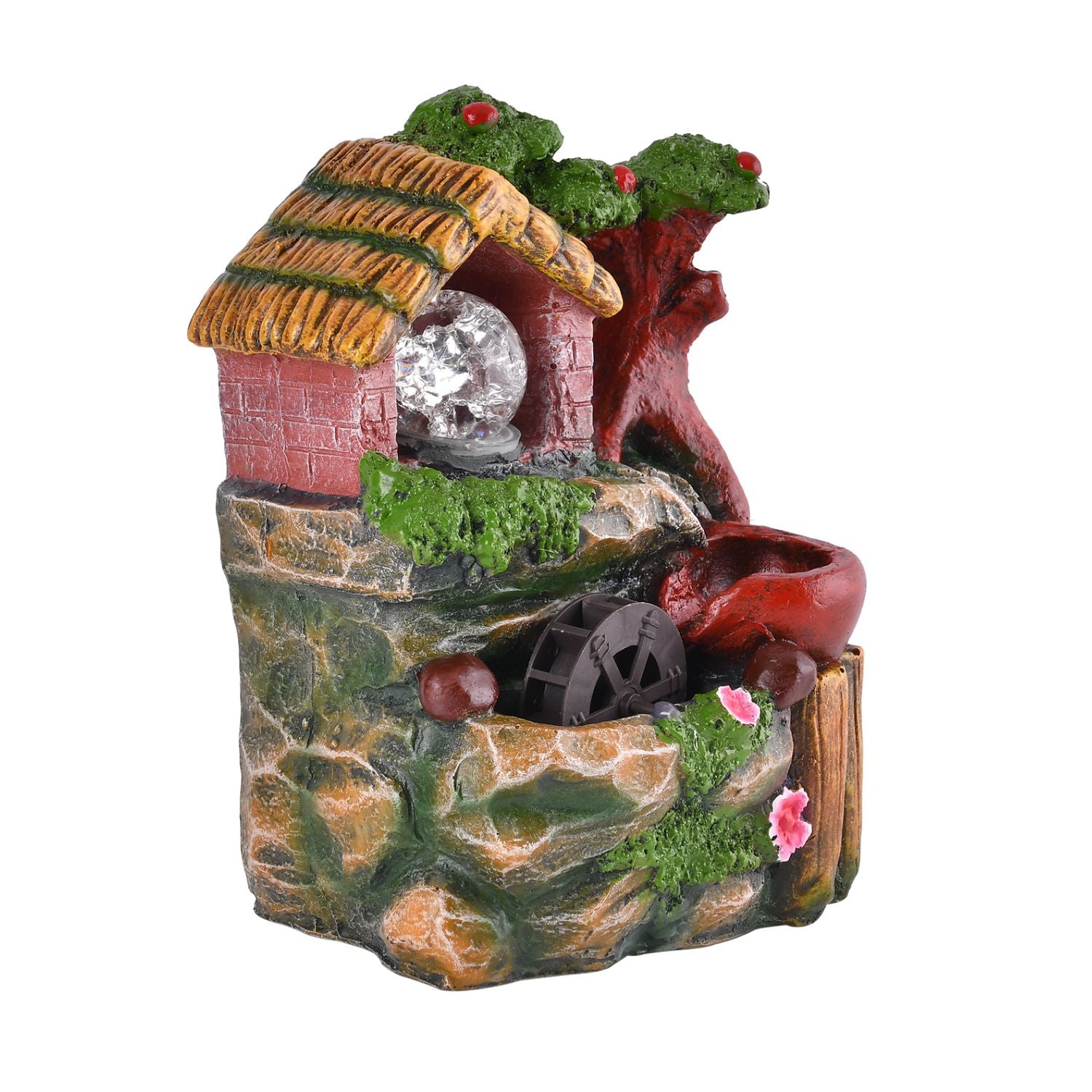 Wasserbrunnen mit LED Lichter und Kristallkugel, 15x12x20 cm, Rotes Haus und Mühlrad