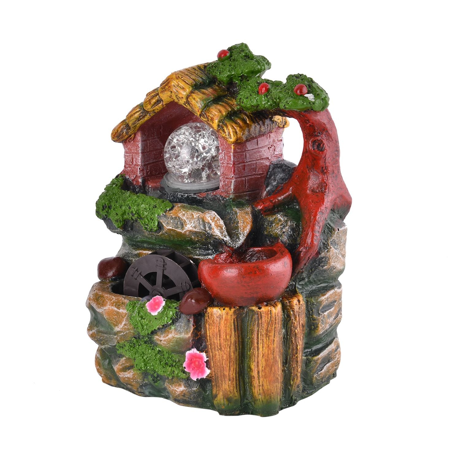 Wasserbrunnen mit LED Lichter und Kristallkugel, 15x12x20 cm, Rotes Haus und Mühlrad