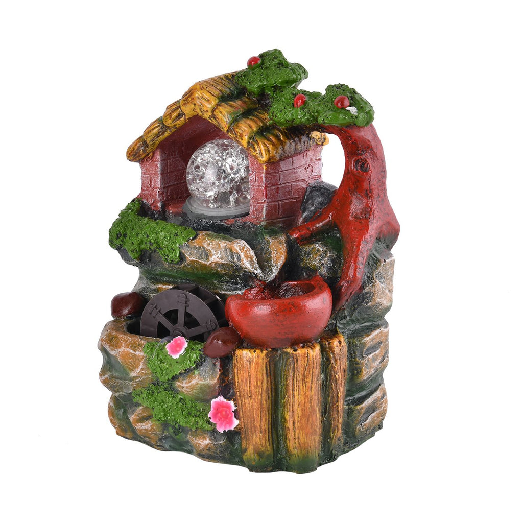 Wasserbrunnen mit LED Lichter und Kristallkugel, 15x12x20 cm, Rotes Haus und Mühlrad