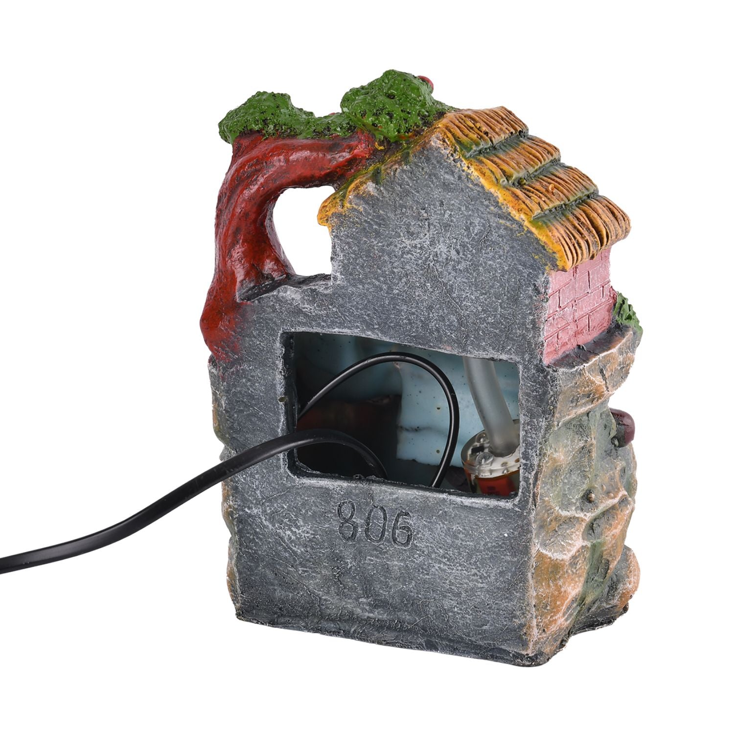 Wasserbrunnen mit LED Lichter und Kristallkugel, 15x12x20 cm, Rotes Haus und Mühlrad
