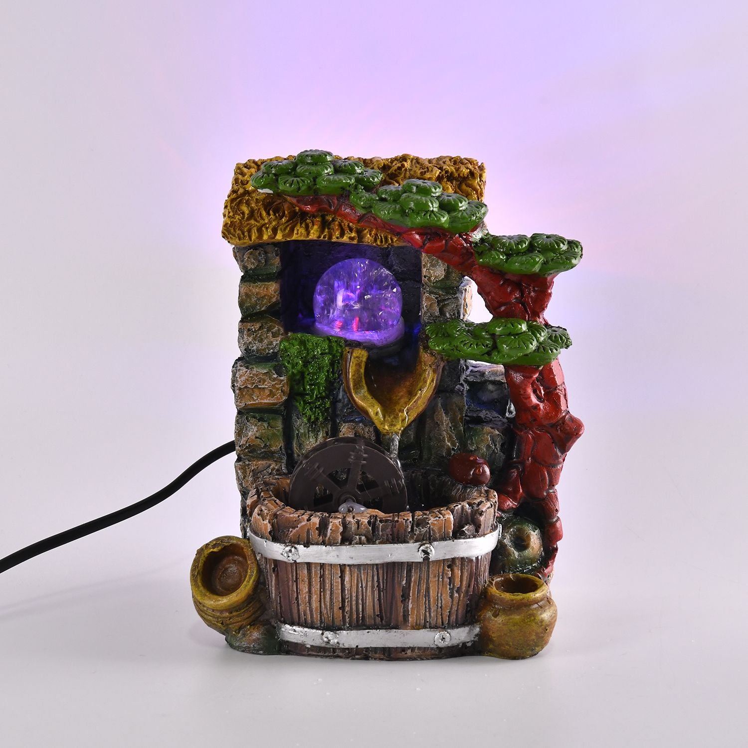 Wasserbrunnen mit LED Lichter und Kristallkugel, 17x14x21 cm, Stein Haus und Mühlrad