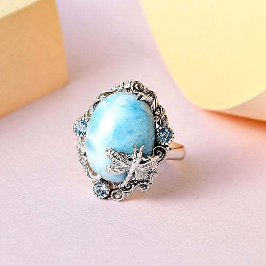 Larimar, blauer Topas Ring, 925 Silber platiniert ca. 11.00 ct