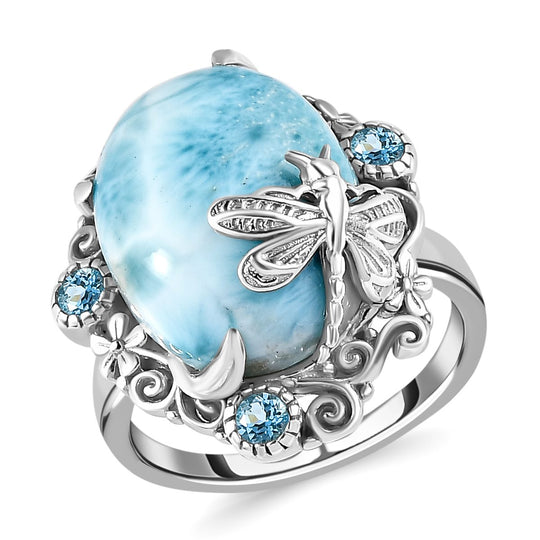 Larimar, blauer Topas Ring, 925 Silber platiniert ca. 11.00 ct