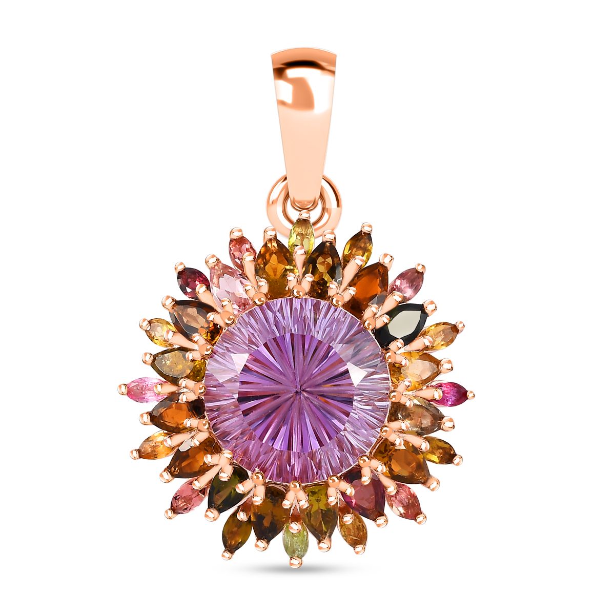 Hanabi Schliff - Rose De France Amethyst und mehrfarbiger Turmalin-Anhänger 925 Silber Roségold Vermeil ca. 14.22 ct