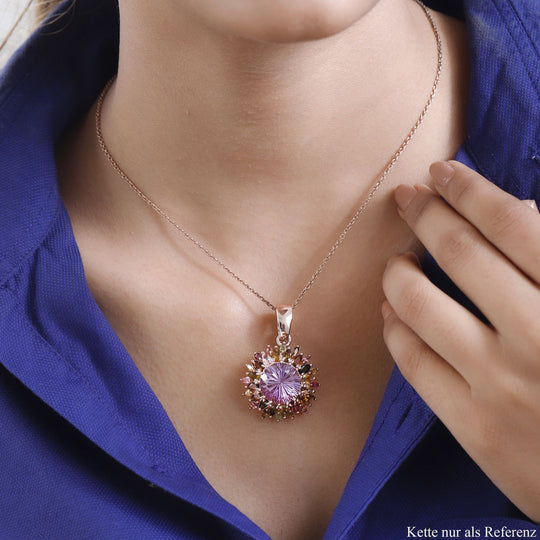 Hanabi Schliff - Rose De France Amethyst und mehrfarbiger Turmalin-Anhänger 925 Silber Roségold Vermeil ca. 14.22 ct