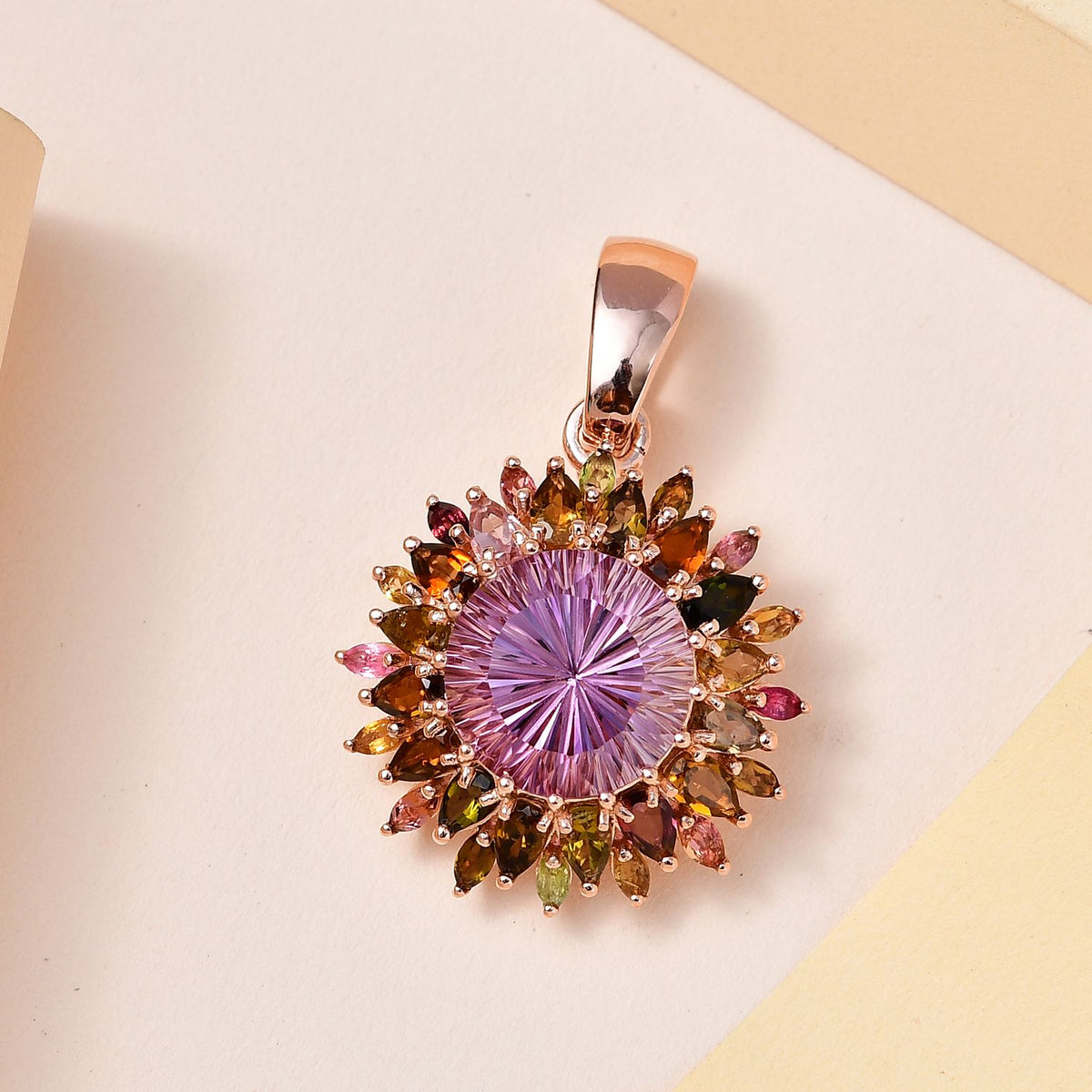 Hanabi Schliff - Rose De France Amethyst und mehrfarbiger Turmalin-Anhänger 925 Silber Roségold Vermeil ca. 14.22 ct