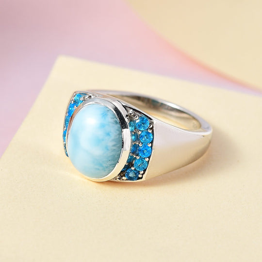 Larimar, Neon Apatit Ring 925 Silber platiniert ca. 5.83 ct