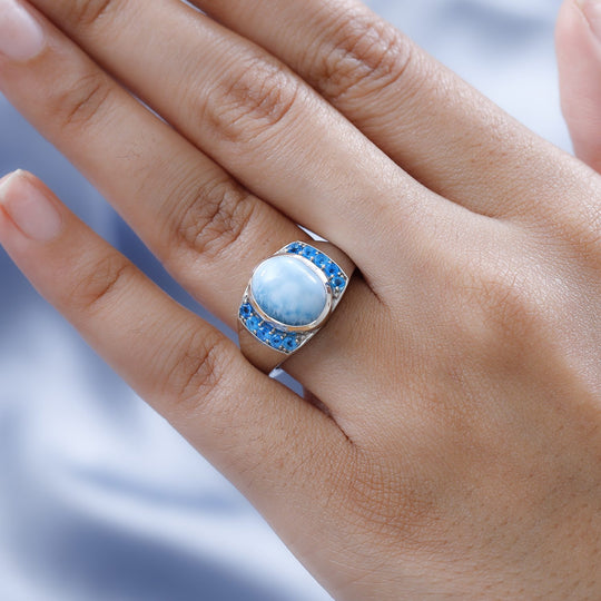 Larimar, Neon Apatit Ring 925 Silber platiniert ca. 5.83 ct
