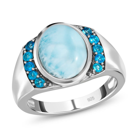 Larimar, Neon Apatit Ring 925 Silber platiniert ca. 5.83 ct