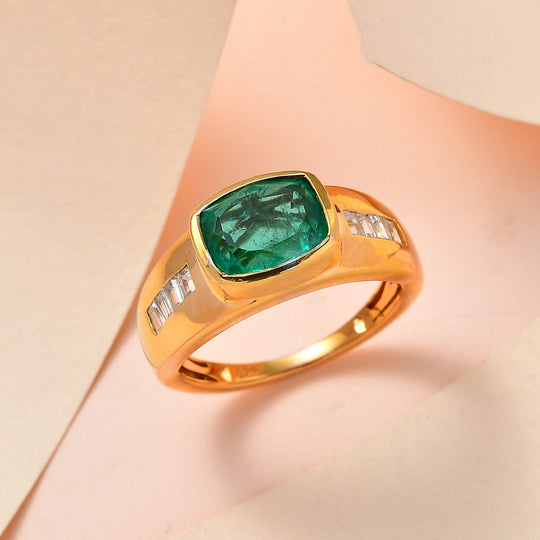 Smaragd-Quarz-Triplette, weißer Zirkon Ring, 925 Silber Gelbgold Vermeil ca. 2.88 ct