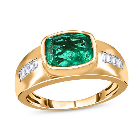 Smaragd-Quarz-Triplette, weißer Zirkon Ring, 925 Silber Gelbgold Vermeil ca. 2.88 ct