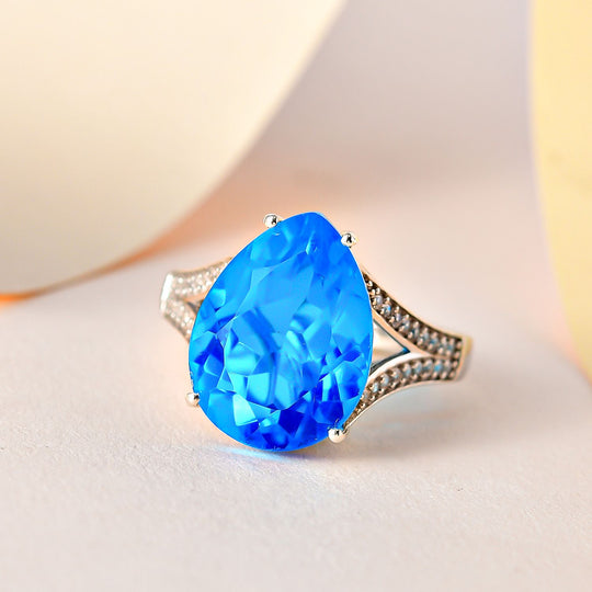 Karibik Quarz, weißer Zirkon Ring, 925 Silber platiniert, ca. 9.43 ct
