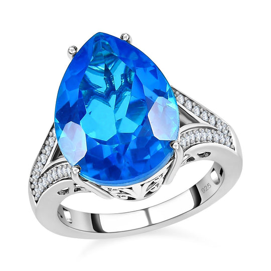 Karibik Quarz, weißer Zirkon Ring, 925 Silber platiniert, ca. 9.43 ct