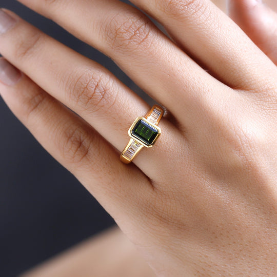 Natürlicher Chromdiopsid, weißer Zirkon Ring, 925 Silber vergoldet ca. 2.52 ct