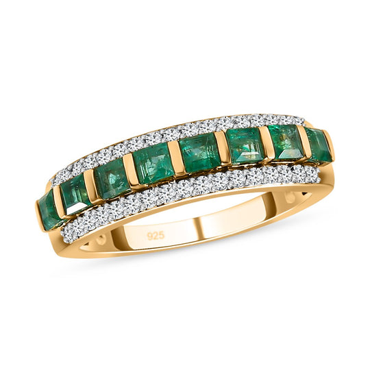 AAA Kagem Sambischer Smaragd, weißer Zirkon Ring, 925 Silber Gelbgold Vermeil ca. 1.11 ct
