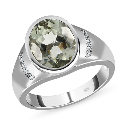 AAA Prasiolith, weißer Zirkon Ring, 925 Silber platiniert (Größe 19.00) ca. 3.52 ct
