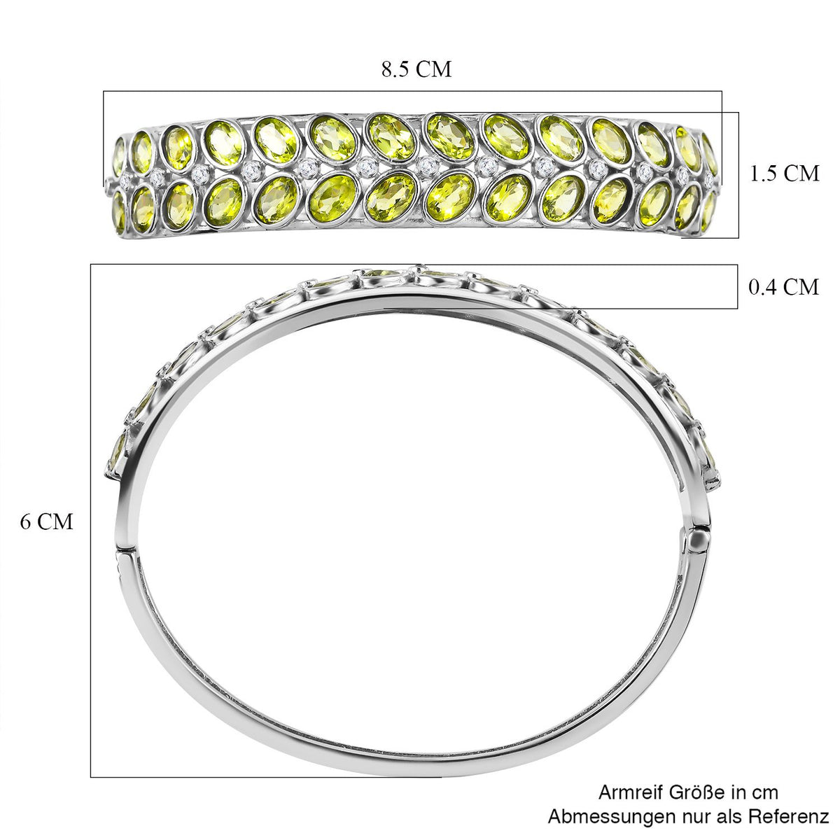 Natürliches Peridot, weißer Zirkon Armreif, ca. 19 cm, Edelstahl ca. 13.67 ct