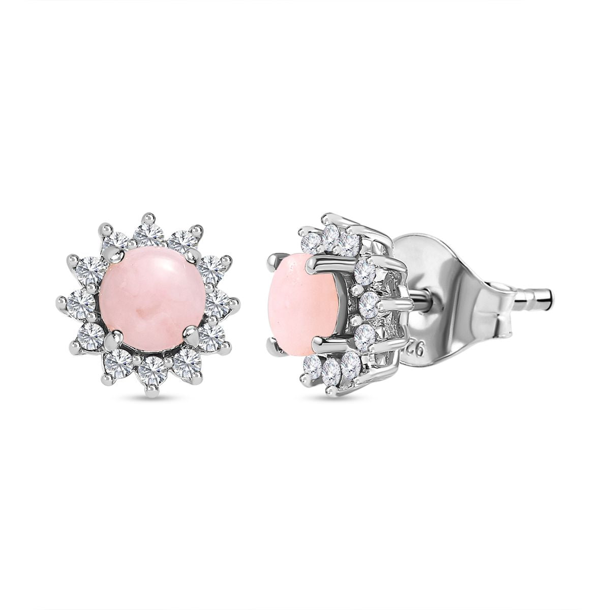 Natürliche Peruanische Rosa-Opal und Weißer Zirkon Ohrringe, 925 Silber platiniert, ca. 1.47 ct