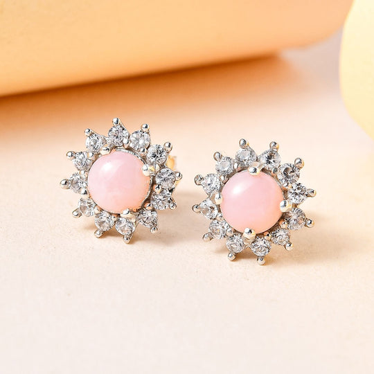 Natürliche Peruanische Rosa-Opal und Weißer Zirkon Ohrringe, 925 Silber platiniert, ca. 1.47 ct