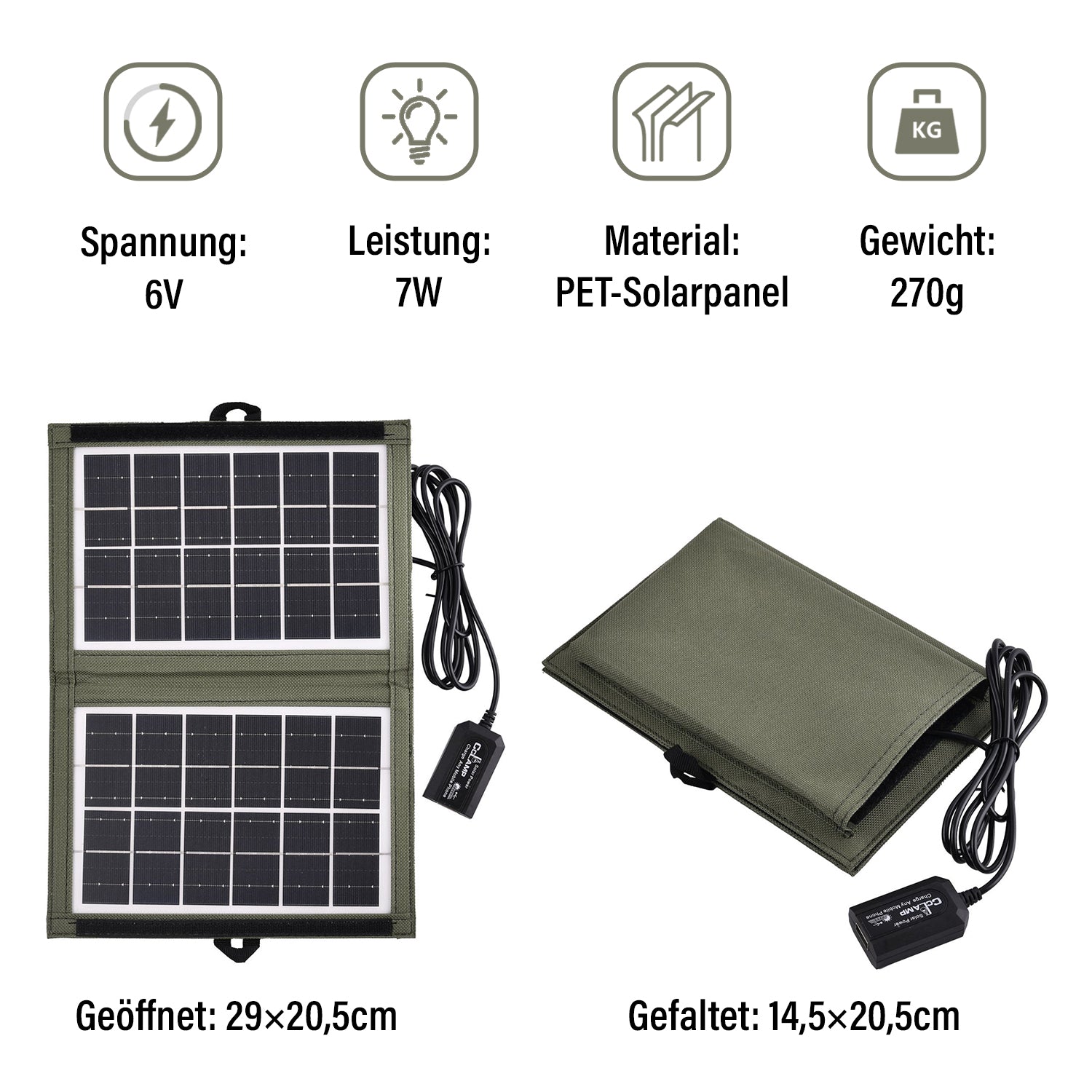 Tragbares Solarpanel, 7W, USB und Mehrfachanschlüsse, Wasserdichtes Etui, 15x20 cm
