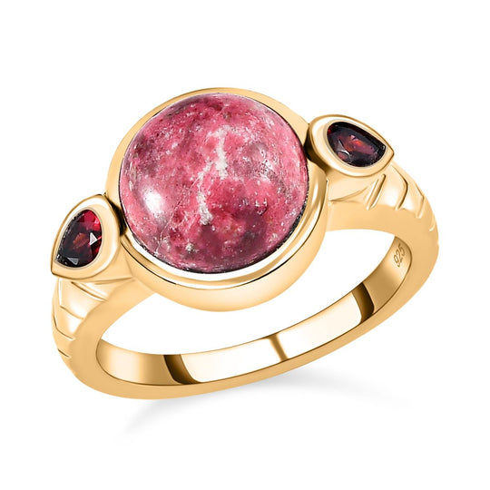 Norwegischer Thulit, Rhodolith Granat Ring, 925 Silber vergoldet, ca. 5.63 ct