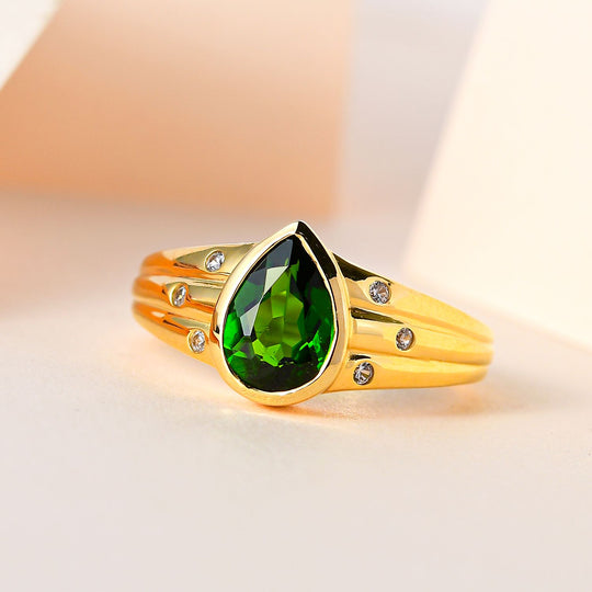 Natürlicher Chromdiopsid, weißer Zirkon Ring, 925 Silber vergoldet, ca. 1.40 ct
