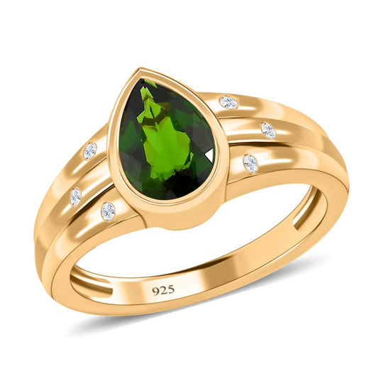 Natürlicher Chromdiopsid, weißer Zirkon Ring, 925 Silber vergoldet, ca. 1.40 ct