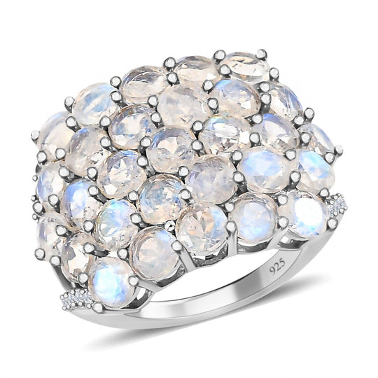 Premium Regenbogen Mondstein, weißer Zirkon Ring, 925 Silber platiniert, , ca. 7.92 ct