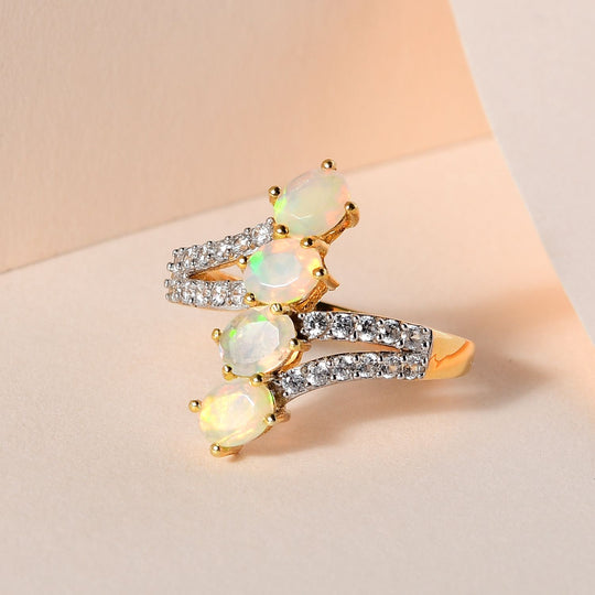 Natürlicher, äthiopischer Welo Opal, Weißer Zirkon Ring, 925 Silber Gelbgold Vermeil ca. 1.26 ct