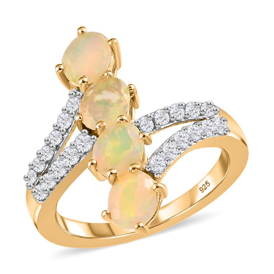 Natürlicher, äthiopischer Welo Opal, Weißer Zirkon Ring, 925 Silber Gelbgold Vermeil ca. 1.26 ct