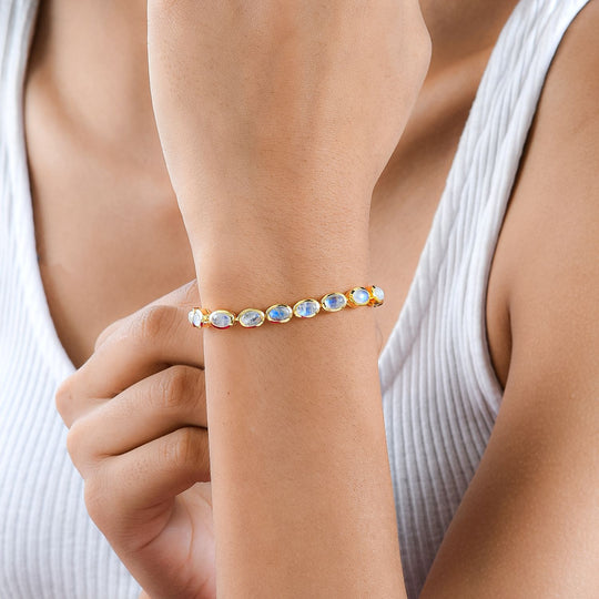 Premium Regenbogen Mondstein Armband, ca. 19 cm, 925 Silber Gelbgold Vermeil, ca. 13.06 ct