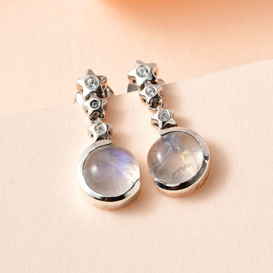 AA Premium Regenbogen Mondstein, Weißer Zirkon Ohrringe 925 Silber platiniert ca. 4,46 ct.