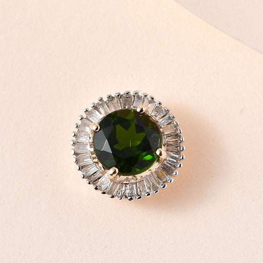 AAA Natürlicher Chromdiopsid, Weißer Diamant Anhänger, 375 Gold ca. 1.04 ct