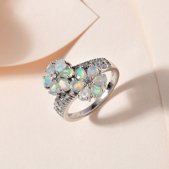 Natürlicher, äthiopischer Welo Opal, weißer Zirkon Ring, 925 Silber platiniert ca. 2.00 ct