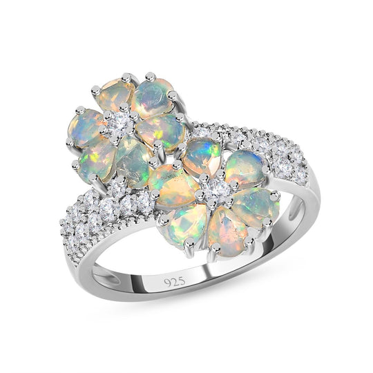 Natürlicher, äthiopischer Welo Opal, weißer Zirkon Ring, 925 Silber platiniert ca. 2.00 ct
