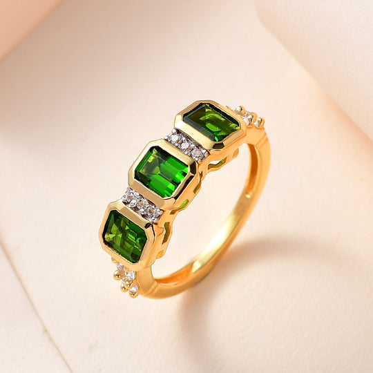 Natürlicher Chromdiopsid, weißer Zirkon Ring, 925 Silber vergoldet, , ca. 2.11 ct