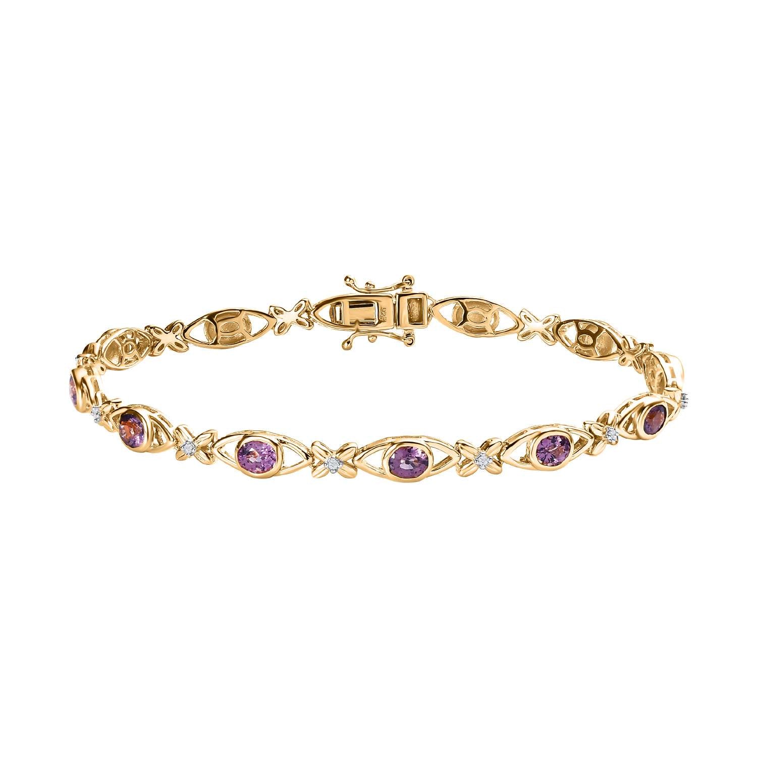 AA Lavendel-Spinell, Weißer Zirkon Armband ca. 20 cm 925 Silber Gelbgold Vermeil ca. 2,71 ct.