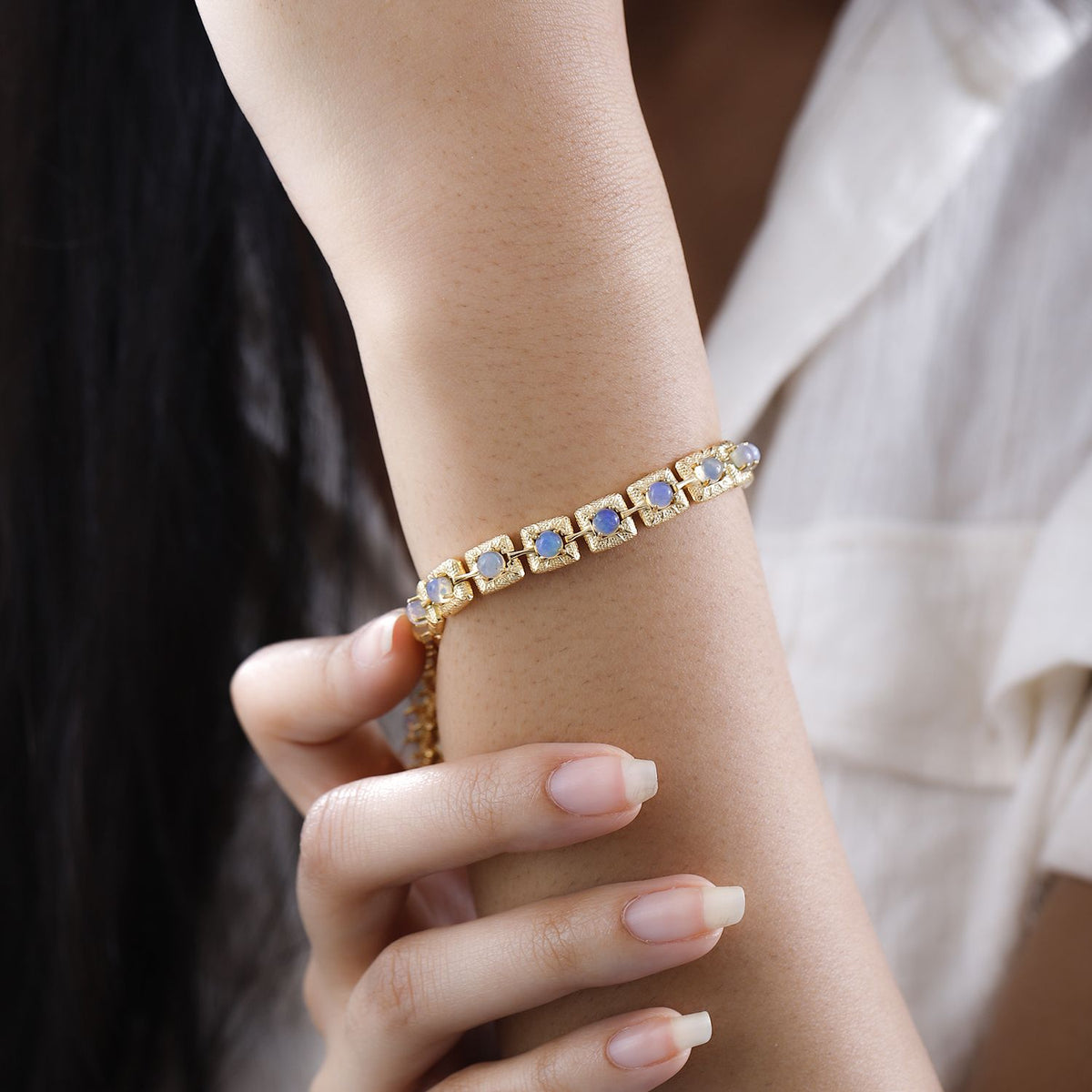 Natürlicher, äthiopischer Welo Opal Armband ca. 20 cm 925 Silber Gelbgold Vermeil ca. 4.29 ct